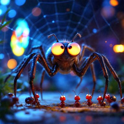 The primary subject of the image is a spider with large, glowing eyes, standing on a dirt road. The setting is a nighttime scene with a spooky atmosphere. The visual style is a digital art or illustration, featuring a spider with a unique and creepy appearance. The colors and mood are predominantly dark, with the glowing eyes of the spider being the main source of light in the scene.